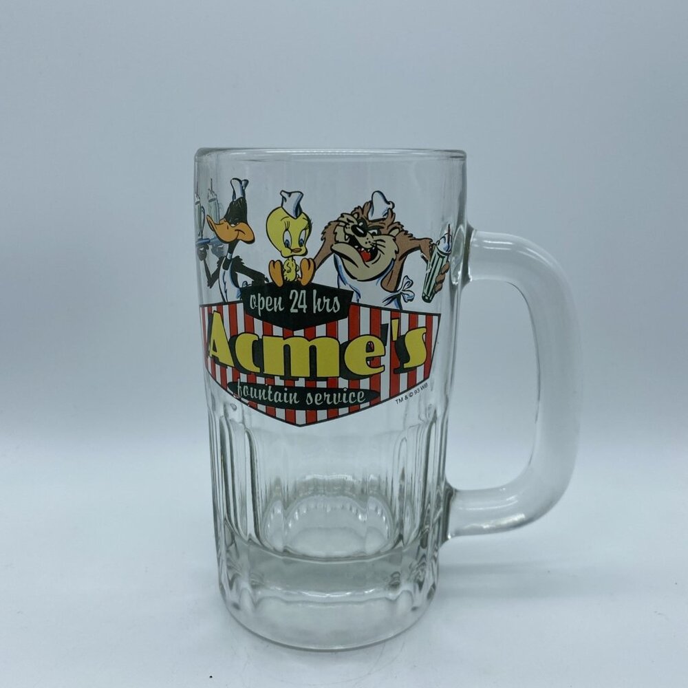 Vintage 1993 Looney Tunes Glass Mug Acme's Fountain Service Open 24 Hours